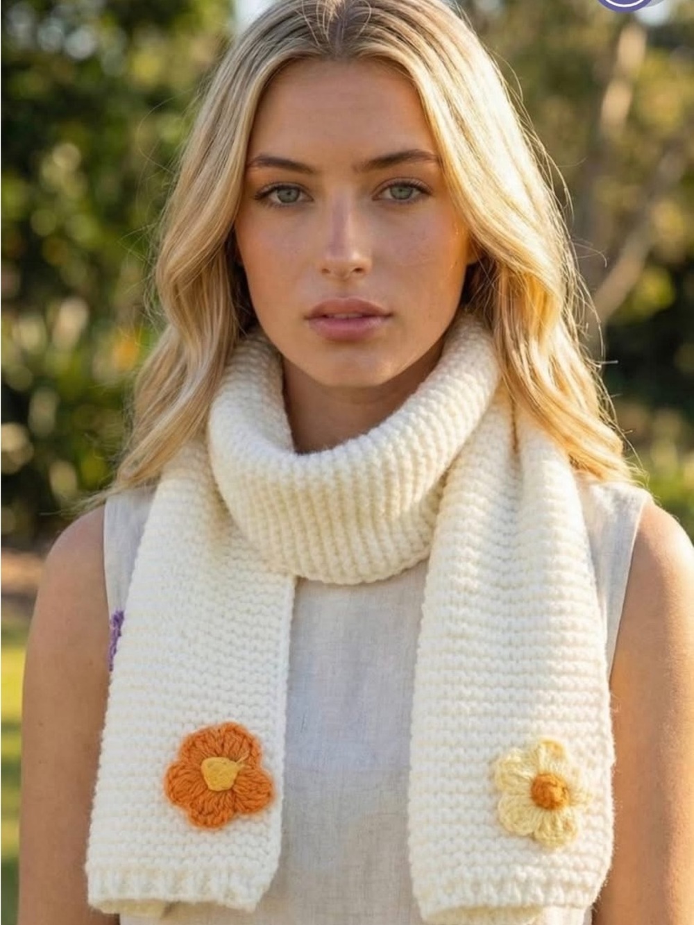 Crochet Knit Flower Oblong Scarf nwt